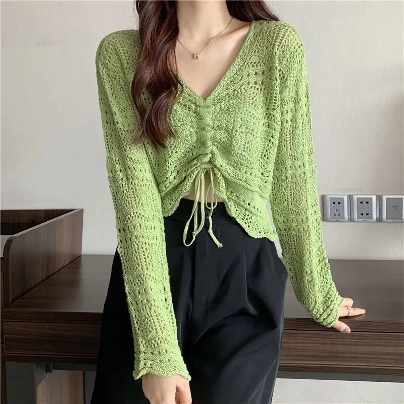 vmtvr Korean Simple Hollow Out Drawstring Knit Sweaters Women Spring Summer Solid V-Neck Lace Up Sweet and Spicy Sexy Design Short Top