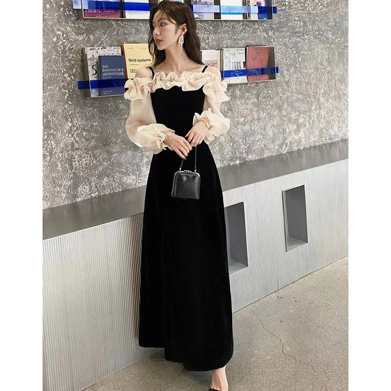 vmtvr  -  Women Red Velvet Luxury Dresses with Long Sleeves Autumn Winter Elegant Chic Wedding Dress Korean Vintage Festival Dresses