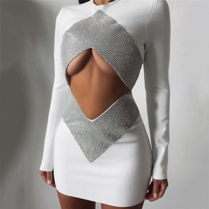 Sexy Cut Out CRYSTAL Bandage Dress Women White Long Sleeve Mini Bodycon Autumn Winter Elegant Party Club Femme Dress Vestidos