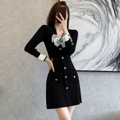 Small Fragrance Style Knitted Dress Women Autumn 2022 New Slim Little Black Dress Female Fashion Bodycon Sweet Mini Dress Trend