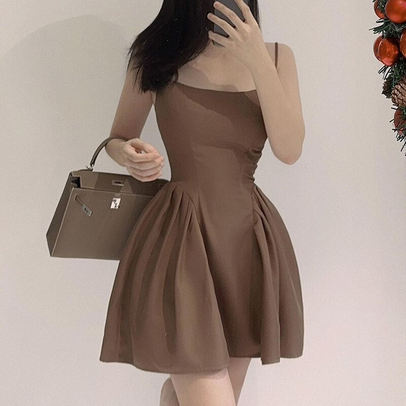 Sexy Solid Folds A-Line Pleated Dress Basic Slim Slash Neck Sleeveless Mini Dresses For Women 2023 Summer Fashion Ladies