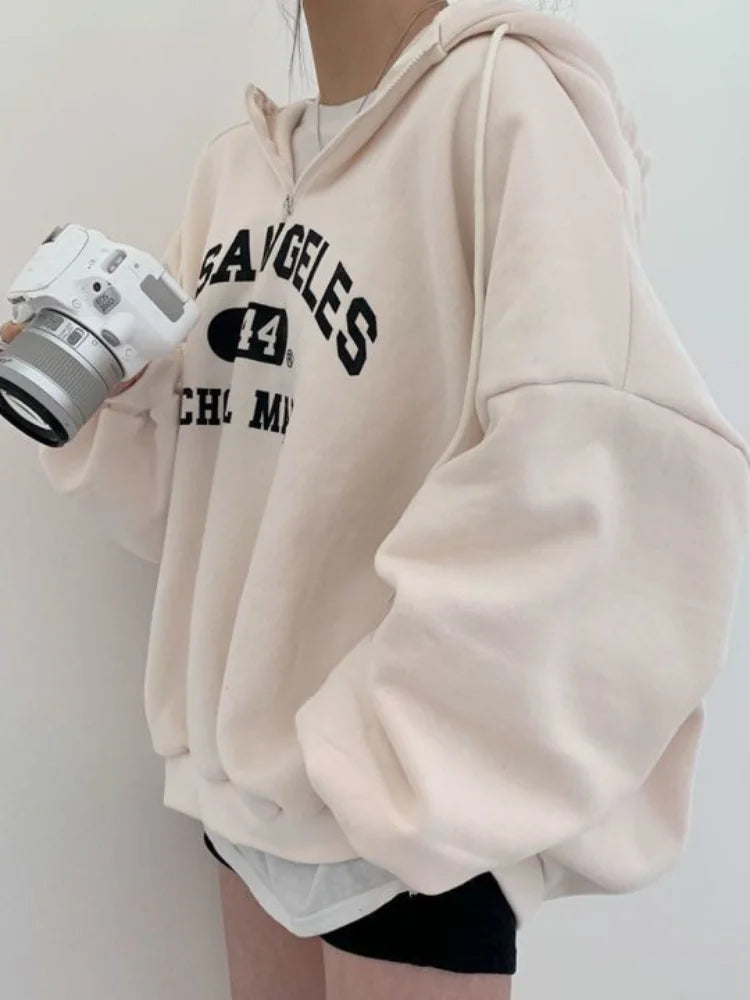 -Fall Outfits Long Sleeve Top -Women Kpop Loose Hooded Sweatshirts Half Zipper Pullover Long Sleeve Couple Top Harajuku Vintage Letter Printed Hoodies