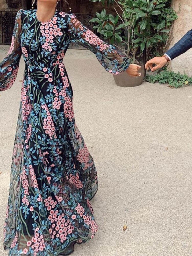 vmtvr Vintage Chic Women Floral Print O-neck Backless Sexy Bohemian Evening Dress Robe Lady Long Sleeve Boho Dresses Vestidos