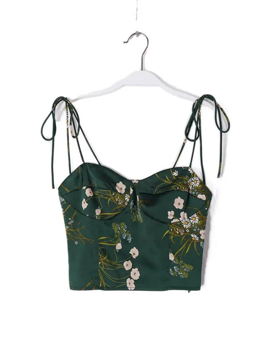 vmtvr Summer Strappy Spaghetti Strap Green Cami Tops Women Floral Print Backless Crop Top