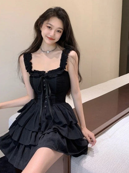 QWEEK Gothic Goth Harajuku Sexy Slip Dress Ruffles Y2k Streetwear Dark Punk Cake Dresses Party Korean Fashion  Summer