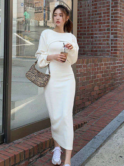 vmtvr  -  Autumn Winter New Elegant Two Piece Sets Women Outfits Korean Fashion Casual Loose Pullover Top + Slim Long Dress Suits