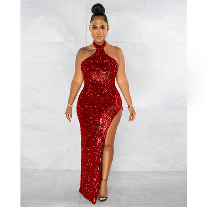 Luxury Birthday Party Dress Women 2023 Spring Sexy Elegant Off Shoulder Backless Halter Zip-up High Slit Sequin Evening Dresses