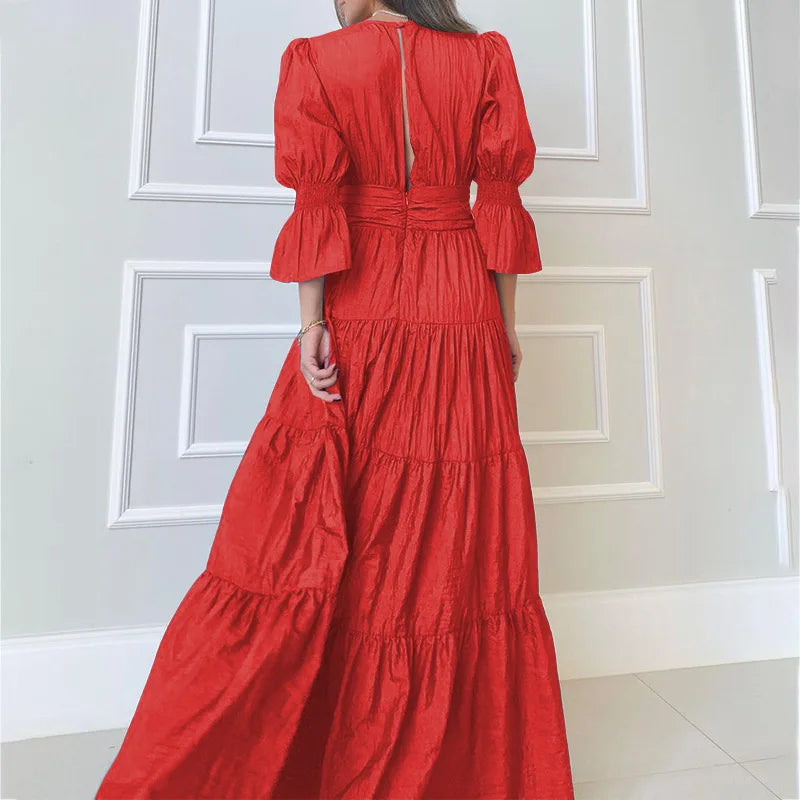 vmtvr Summer Slim A-Line Pleated Temperament Women Dress Fashion V-Neck Puff Sleeve Hollow Long Dress Elegant High Waist Party Dresses