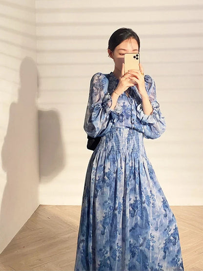 French Vintage Long Sleeve Fairy Dress Women Slim Fashion Floral Midi Dress Beach Casual Korean Style Dresses Female 2024 Summer