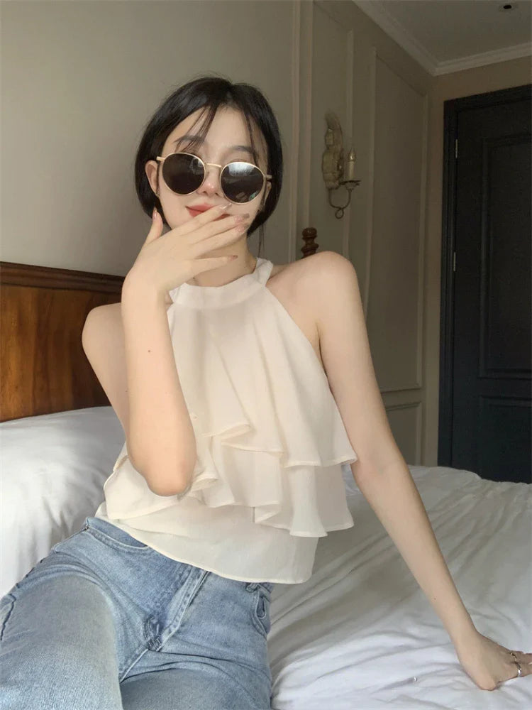 vmtvr Summer Pure Color Korean Style Fashion Blouse Office Lady New Basic Sexy Sleeveless Tops Woman Beach Casual Slim Clothing