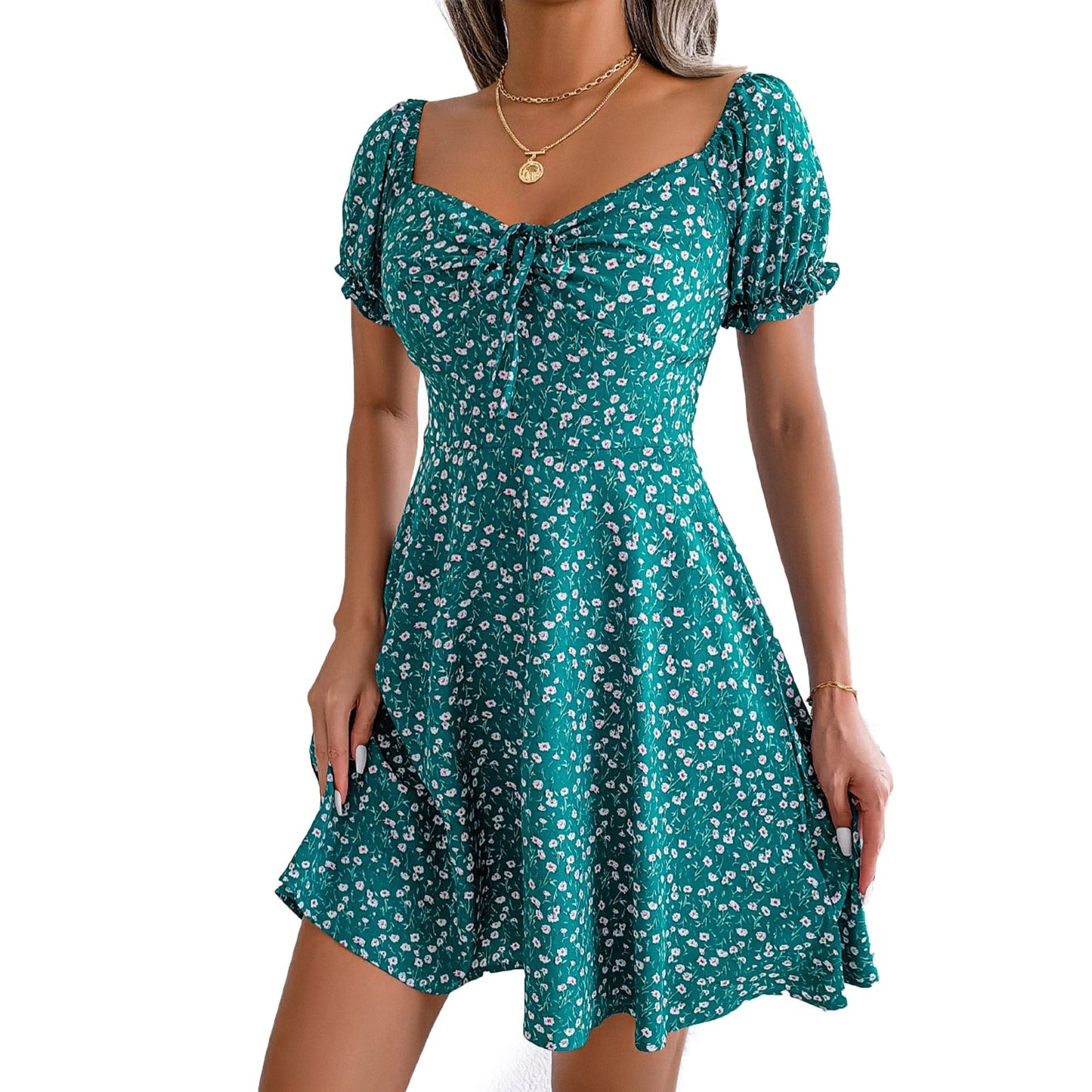 vmtvr - 2023 New Casual Short Sleeve Square Neck Lace-up Dress Retro Women Floral Printed Mini Dress Ladies Fashion Slim Office Dresses