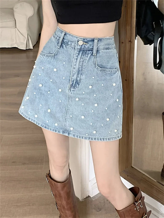 vmtvr Office Lady New Mini Skirts Women Summer OL Chic Pearls High Waist Sweet Denim Bodycon Streetwear Jeanswear