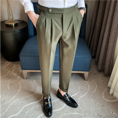 jiaabc British Style Men High Waist Casual Business Dress Pants Streetwear New Fashion Social Belt Decoration Slim Fit Suit Pants