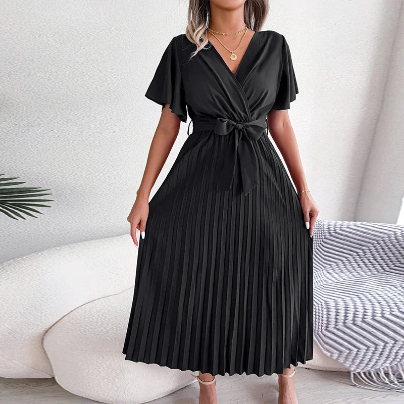 vmtvr Fashion Ladies V-neck Short Sleeved Commuting Dress Spring Summer Loose Lace Up Pleats Dress Casual Party Long Dresses Vestidos