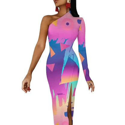 Memphis Retro Maxi Dress Long Sleeve Geometric Colorful Cute Bodycon Dress High Slit Streetwear Long Dresses Print Vestido