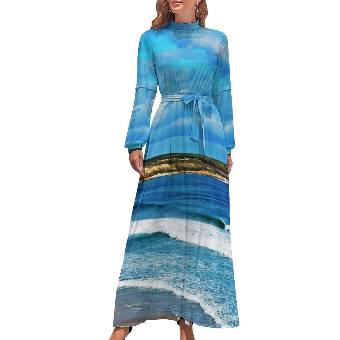 vmtvr - Hawaii Beach Dress Palm Tree Pirnt Sexy Fashion Maxi Dress High Waist Long Sleeve Street Wear Boho Beach Long Dresses