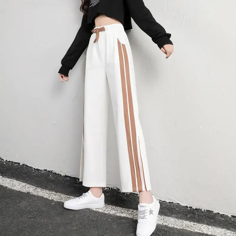 vmtvr Women Fashion Striped Pants Korean Casual Streetwear Loose Ankle Length Pants Summer All Match Female Slits Sweatpants