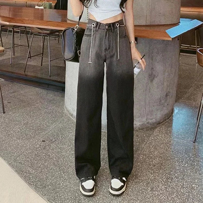 vmtvr High Waist Women Gradient Jeans Korean Fashion Designed Chains Loose Wide Leg Pants Summer All Match Female Denim Trousers