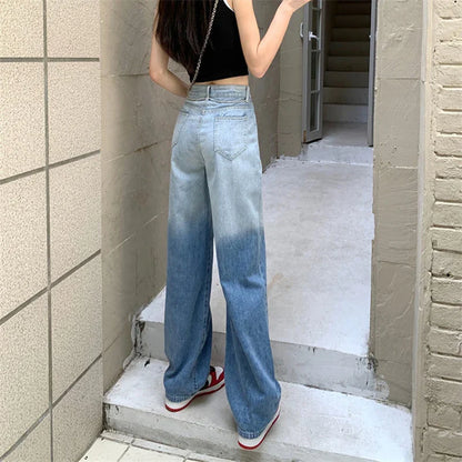 vmtvr High Waist Women Gradient Jeans Korean Fashion Designed Chains Loose Wide Leg Pants Summer All Match Female Denim Trousers