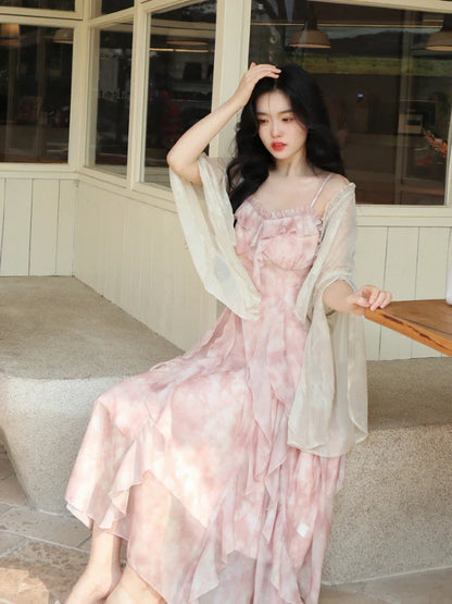 vmtvr Casual Fairy Floral Strap Dress Women Chiffon Elegant Evening Party Midi Dress Ruffle Sweet Korean Dress Women Sweet Summer