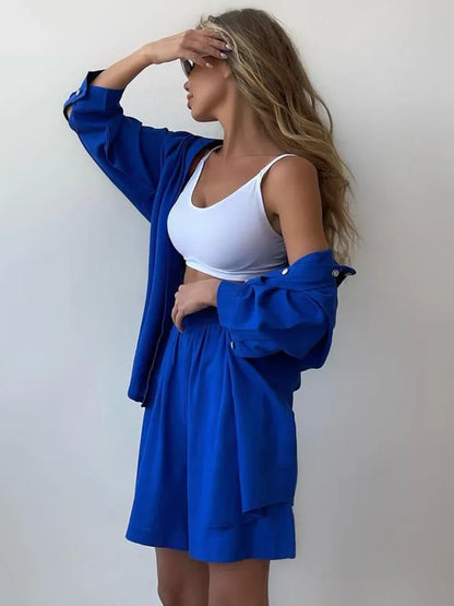 vmtvr Summer Women's Suit Shirt and Short Sets Solid Color Casual Cotton and Linen Blouse and Shorts Two Piece Sets Women Outfit 2024