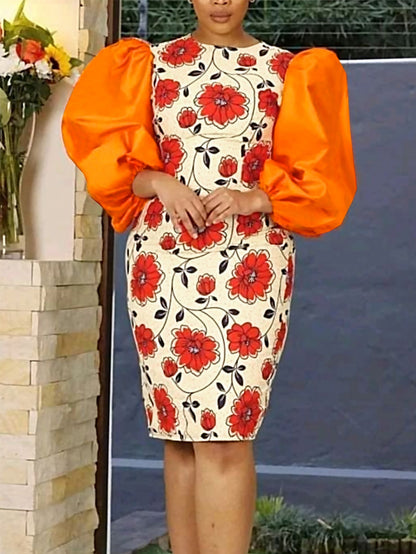 Women Printed Dress Bodycon Orange Patchwork Long Sleeves O Neck Elegant Celebrate Classy Party Sheath Summer Gown African