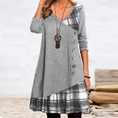 vmtvr - Fashion Long Sleeve V Neck Midi Dress Autumn Ladies Button Splicing Loose Dress New Vintage Geometric Puzzle Print A-line Dress