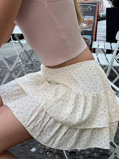 vmtvr Sweet Women Floral Ruffles Mini Skirt 2024 Summer Ladies Cute Elastic High Waist A-line Skirts Female Vintage Chiffon  Skirt