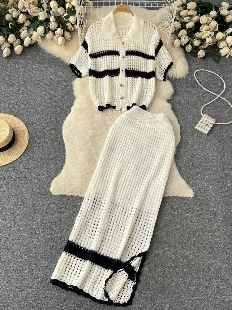 vmtvr - Korean Spring Summer Vacation Style Knitted Twi Piece Set Women Chic Hollow out Sweater Cardigan +Long Maxi Skirt Sets