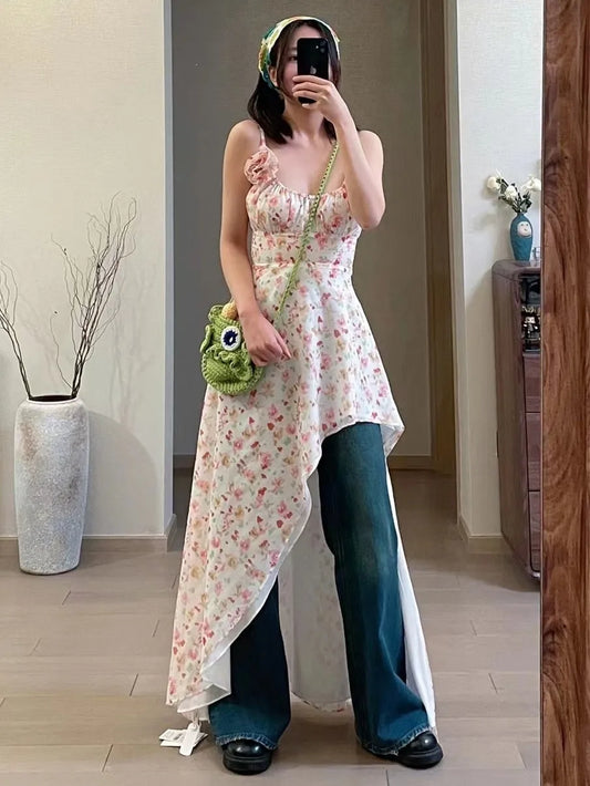 vmtvr  -  New Irregular Floral Long Dress Women Boho Beach Holiday Spaghetti Strap Dress Summer Robe