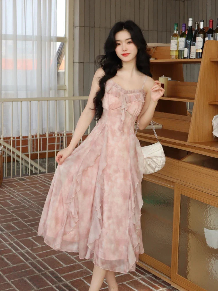 vmtvr Casual Fairy Floral Strap Dress Women Chiffon Elegant Evening Party Midi Dress Ruffle Sweet Korean Dress Women Sweet Summer