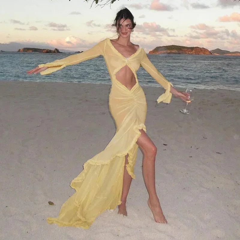 vmtvr  -  Yellow Sheer Beach Dress Women Fashion Long Sleeve Slim Maxi Evening Party Dresses Summer Sexy Hollow Out Ruffle Dress