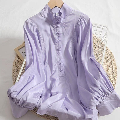 Oversize Pullover Blue Blouse With Lantern Sleeve Plus Size Chiffon Women Shirt  Autumn Loose Fit Fashion Outfit