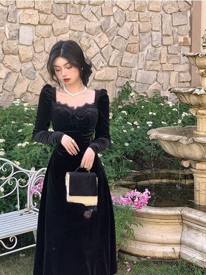 vmtvr - Gothic Vintage Balck Long Sleeve Dress Woman Elegant Fashion Velvet Midi Dress Korean Style Even Party Dress Casual  Spring