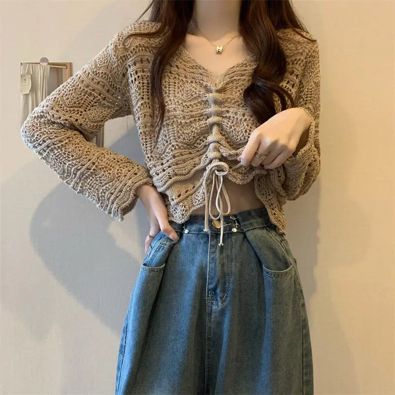 vmtvr Korean Simple Hollow Out Drawstring Knit Sweaters Women Spring Summer Solid V-Neck Lace Up Sweet and Spicy Sexy Design Short Top