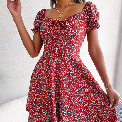 vmtvr - 2023 New Casual Short Sleeve Square Neck Lace-up Dress Retro Women Floral Printed Mini Dress Ladies Fashion Slim Office Dresses