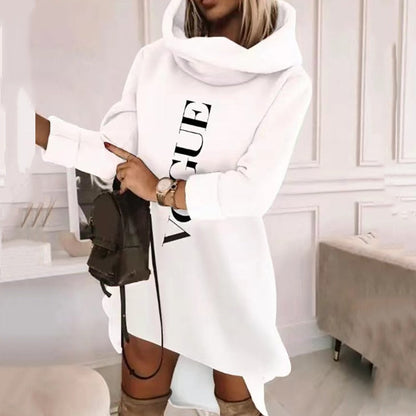 New Fall Loose Hooded Pullover Dress Elegant Pattern Print Pocket Long Sleeve Hem Mini Dress Women Casual Solid Sweatshirt Dress