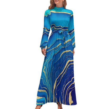 Marble Print Dress Watercolor Flow Abstract Aesthetic Bohemia Dresses Female Long Sleeve High Neck Sexy Long Maxi Dress