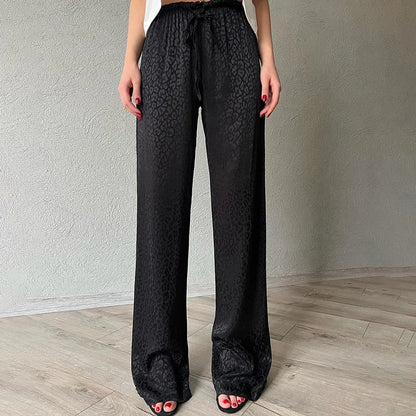 vmtvr Summer Black Pants Women Fashion Lace-up Loose Trousers Ice Silk Casual Leopard Print Retro High Waist Straight Pants Streetwear