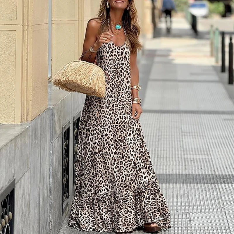 vmtvr  -  Vintage Leopard Print Summer Long Dress Women Sexy Deep V-neck Hanging Neck Lace-up Party Dress Casual Sleeveless Loose Dresses