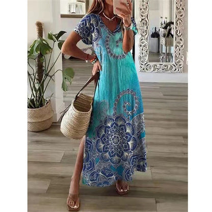 vmtvr Vintage Print Maxi Dress Women  Summer Elegant V Neck Short Sleeve Loose Split Casual Dress Female Party Boho Beach Vestidos