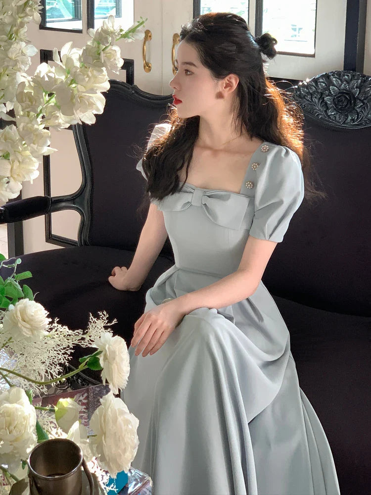 vmtvr Summer Elegant Vintage Fairy Dress Women Bow Pink Sweet Party Midi Dress Casual Retro Korean Dress Female Puff Sleeve Slim