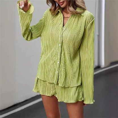 vmtvr Summer Women Casual Loose Two Piece Set Fashion Solid Color Single Breasted Long Sleeve Pant Sets Elegant Lapel Beach Outfits