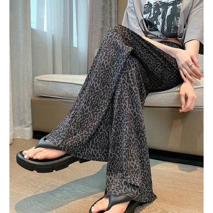 vmtvr Ice Silk Wide Leg Pants for Women High Waist Summer Straight Pant Full-length Cool Leopard Print Loose Casual Women's Long Pants