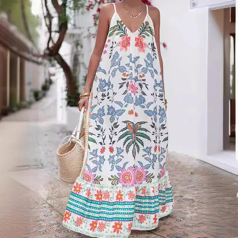 vmtvr  -  Women Elegant Flower Print Suspenders Dress Summer Sexy Deep V-neck Pleated Loose Party Dress Casual Sleeveless Long Dress