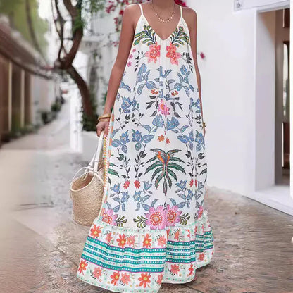 vmtvr  -  Women Elegant Flower Print Suspenders Dress Summer Sexy Deep V-neck Pleated Loose Party Dress Casual Sleeveless Long Dress