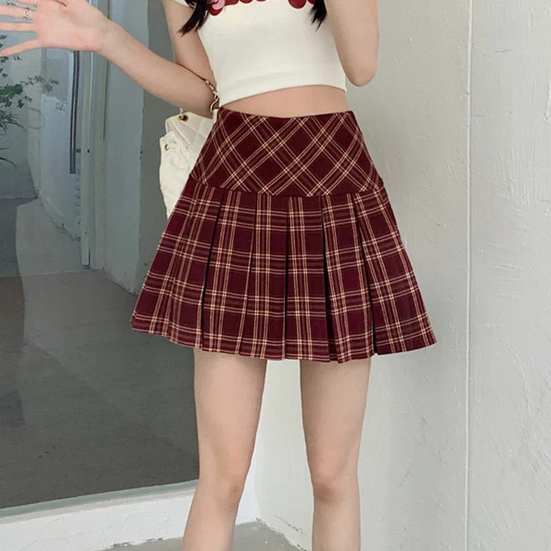 vmtvr High Waist Women Plaid Skirts Korean Fashion Elegant Pleated Mini Skirts Summer Casual Female All Match Jk Skirts New