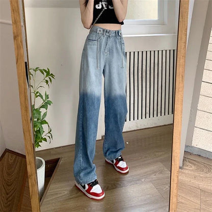 vmtvr High Waist Women Gradient Jeans Korean Fashion Designed Chains Loose Wide Leg Pants Summer All Match Female Denim Trousers