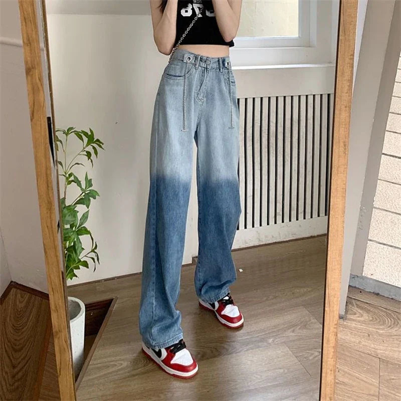 vmtvr High Waist Women Gradient Jeans Korean Fashion Designed Chains Loose Wide Leg Pants Summer All Match Female Denim Trousers