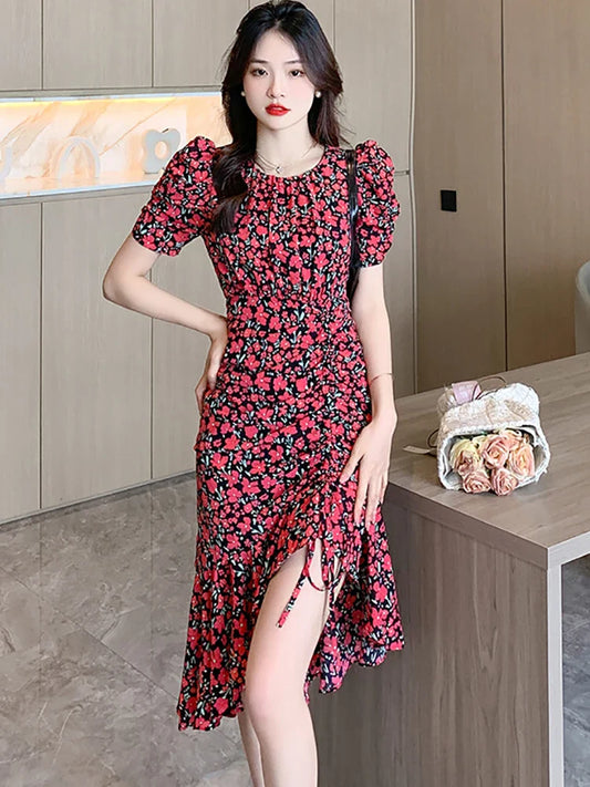 vmtvr Women Floral Chic Pleated Ruffled Mermaid Dress Summer Elegant Bodycon Bandage Dress 2024 Korean Casual Festival Evening Dresses